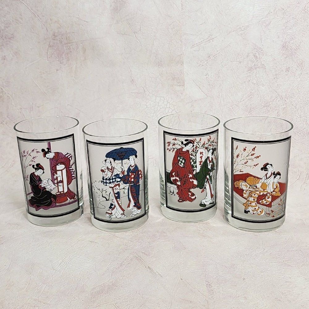 4 - MC Cora 4.75" T Handpainted Asian Barware Fashioned Glasses Tumblers Signed.